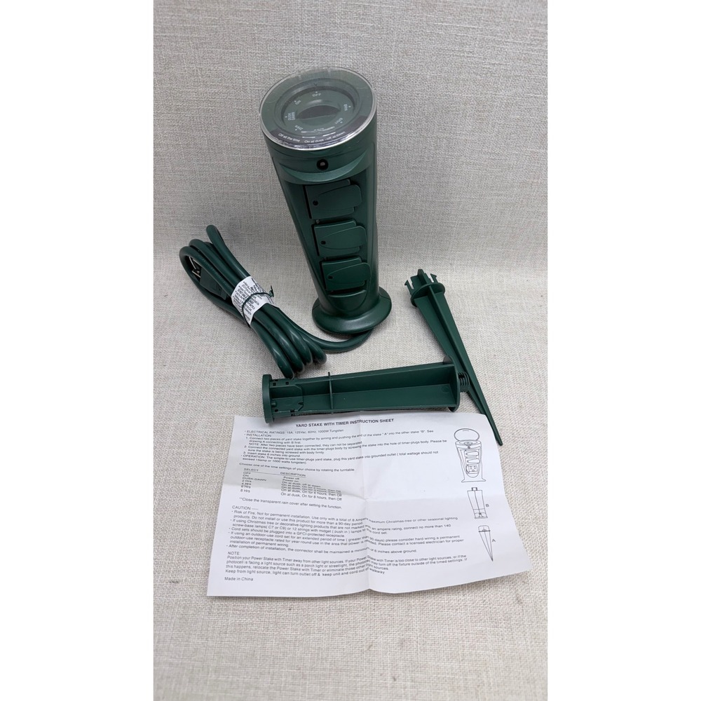 Outdoor Yard Stake Timer 3-Outlet Photocell Dusk to Dawn Green Weatherproof